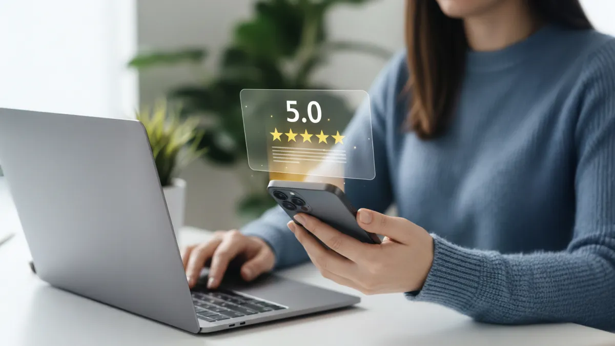 Mujer utilizando un smartphone frente a su laptop mientras evalúa un servicio con 5 estrellas, ilustrando cómo las estrategias comerciales centradas en el customer experience impulsan la satisfacción del cliente.