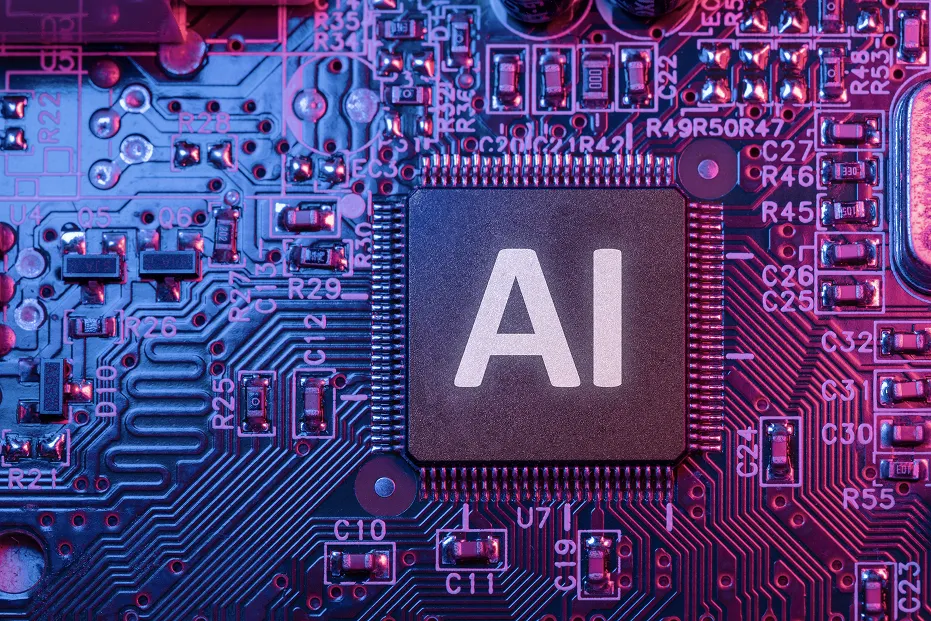 Imagen que muestra un circuito impreso azul con letras 'AI' en 3D de metal plateado, representando el concepto de inteligencia artificial y machine learning. 