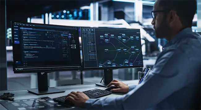 Profesional trabajando en ciberseguridad frente a múltiples pantallas con código.