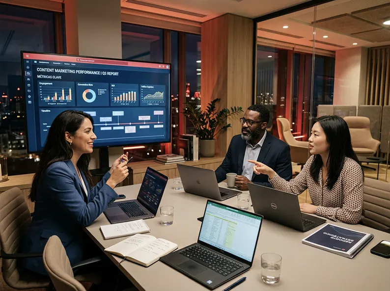 Equipo de profesionales en una oficina analizando gráficas de rendimiento y métricas en una pantalla para definir las nuevas tendencias de marketing de contenidos. 
