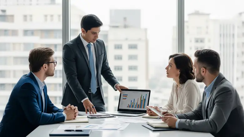 Joven administrador de empresas ecuatoriano liderando a un equipo multicultural en una reunión de trabajo, con gráficos y laptop sobre la mesa. 
