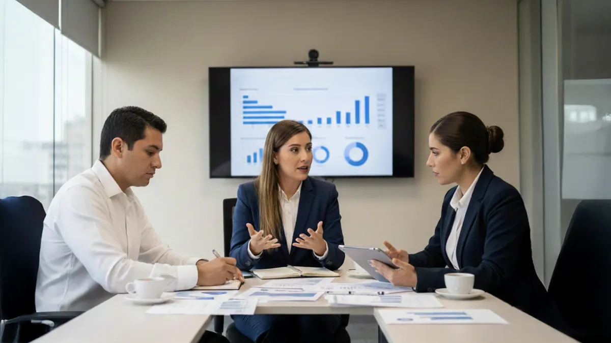 Equipo directivo analizando gráficos y datos durante una reunión estratégica, representando cómo el análisis financiero y las finanzas empresariales permiten evaluar la salud real de un negocio.