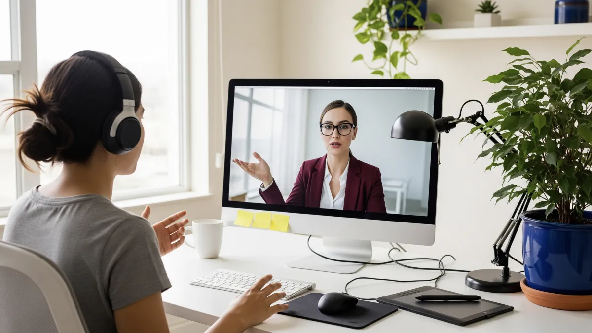 Estudiante en su computadora, videochateando con una profesora, reflejando las características de la educación virtual.