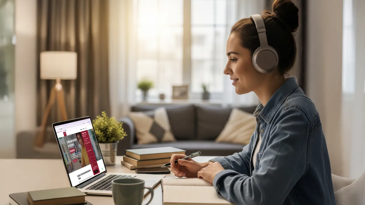 Estudiante joven tomando clases virtuales en casa con laptop y auriculares, representando la oferta académica de UDLA carreras a distancia.