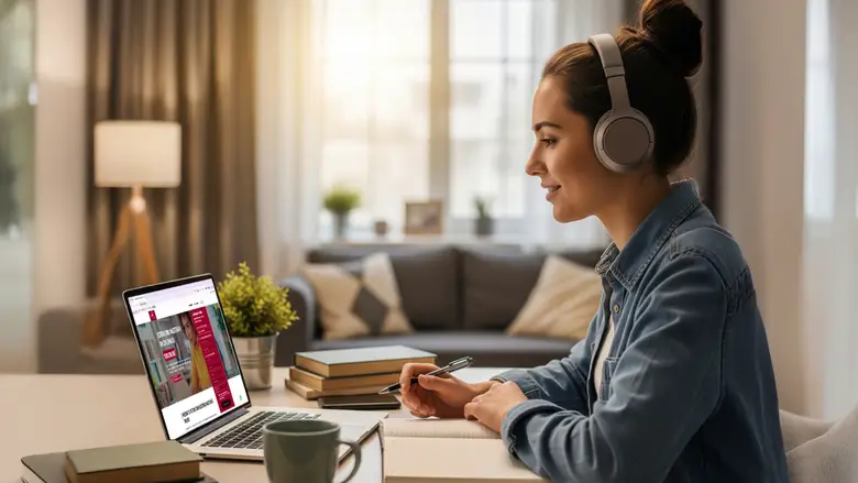 Estudiante joven tomando clases virtuales en casa con laptop y auriculares, representando la oferta académica de UDLA carreras a distancia. 