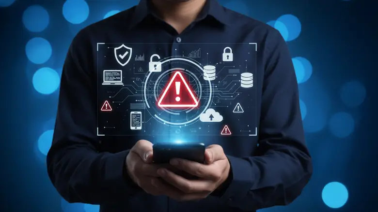 Imagen que representa una alerta de ciberamenaza en smartphone con fondo y/o elementos digitales. 