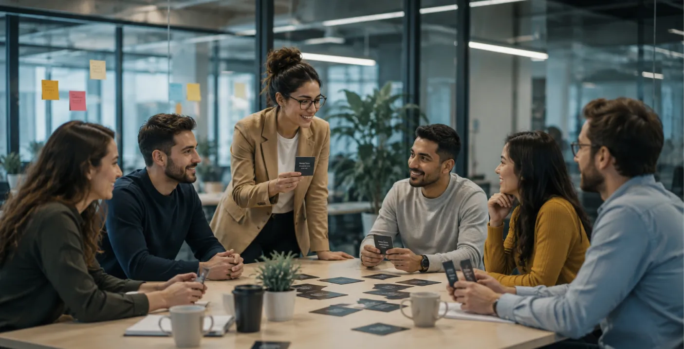 Equipo de trabajo participa en una dinámica colaborativa en la oficina, fortaleciendo competencias laborales como el trabajo en equipo, la comunicación y la coordinación entre colaboradores.