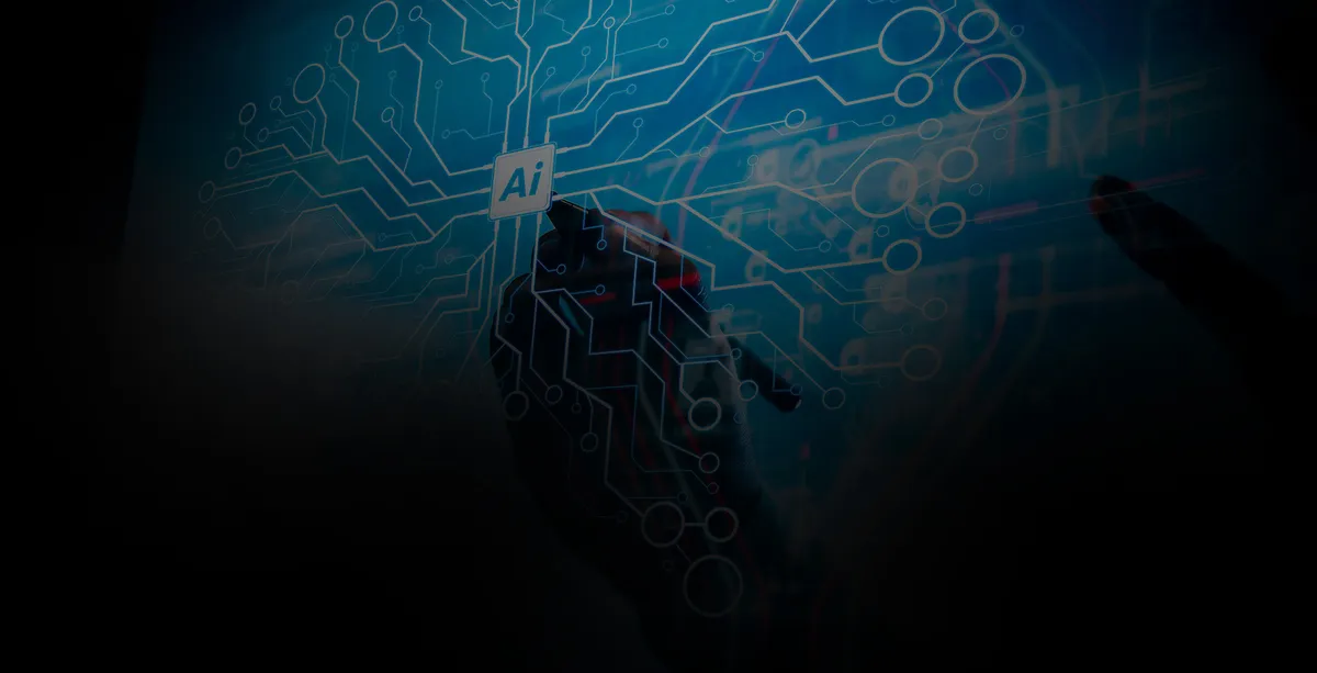 Logo de inteligencia artificial en color azul, centrado, con un patrón de circuitos y líneas de conexión digitales irradiando desde el centro hacia el fondo, sugiriendo interconectividad y redes de datos avanzadas, o programación para inteligencia artificial.