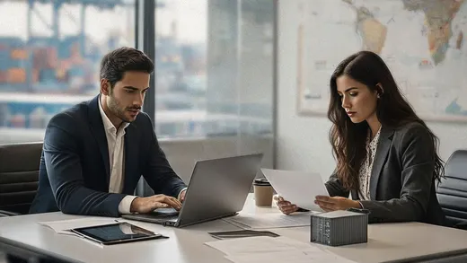 Profesional revisando procesos aduaneros y exportación en entorno logístico internacional