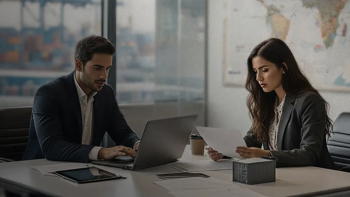 Profesional revisando procesos aduaneros y exportación en entorno logístico internacional