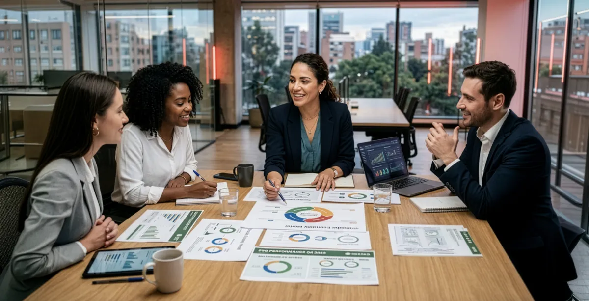 Profesionales analizan estrategias de economía circular, criterios ESG y modelos de negocio sostenibles durante una sesión de trabajo colaborativo.
