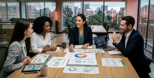 Profesionales analizan estrategias de economía circular, criterios ESG y modelos de negocio sostenibles durante una sesión de trabajo colaborativo.