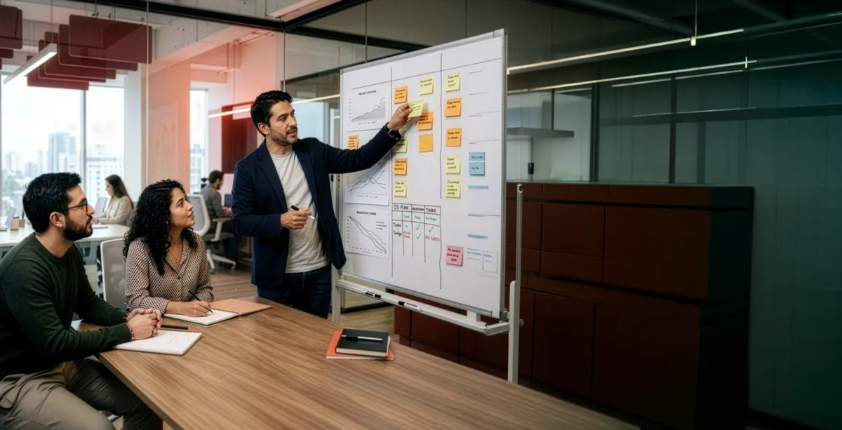 Líderes coordina una sesión de trabajo con metodologías ágiles, revisando prioridades, avances y resultados de un proyecto