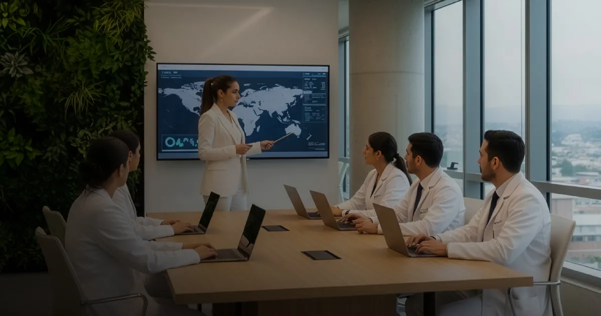 Profesionales de la salud analizando datos clínicos en computadoras y aplicando estadística en medicina.