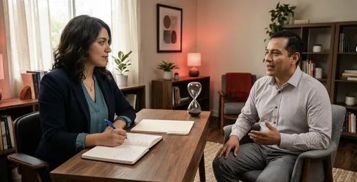 Profesionales analizan un caso de salud mental mediante evaluación psicológica y trabajo colaborativo durante una sesión de formación especializada.