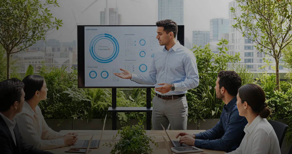 Profesional analizando reportes de sostenibilidad en Ecuador en su laptop.