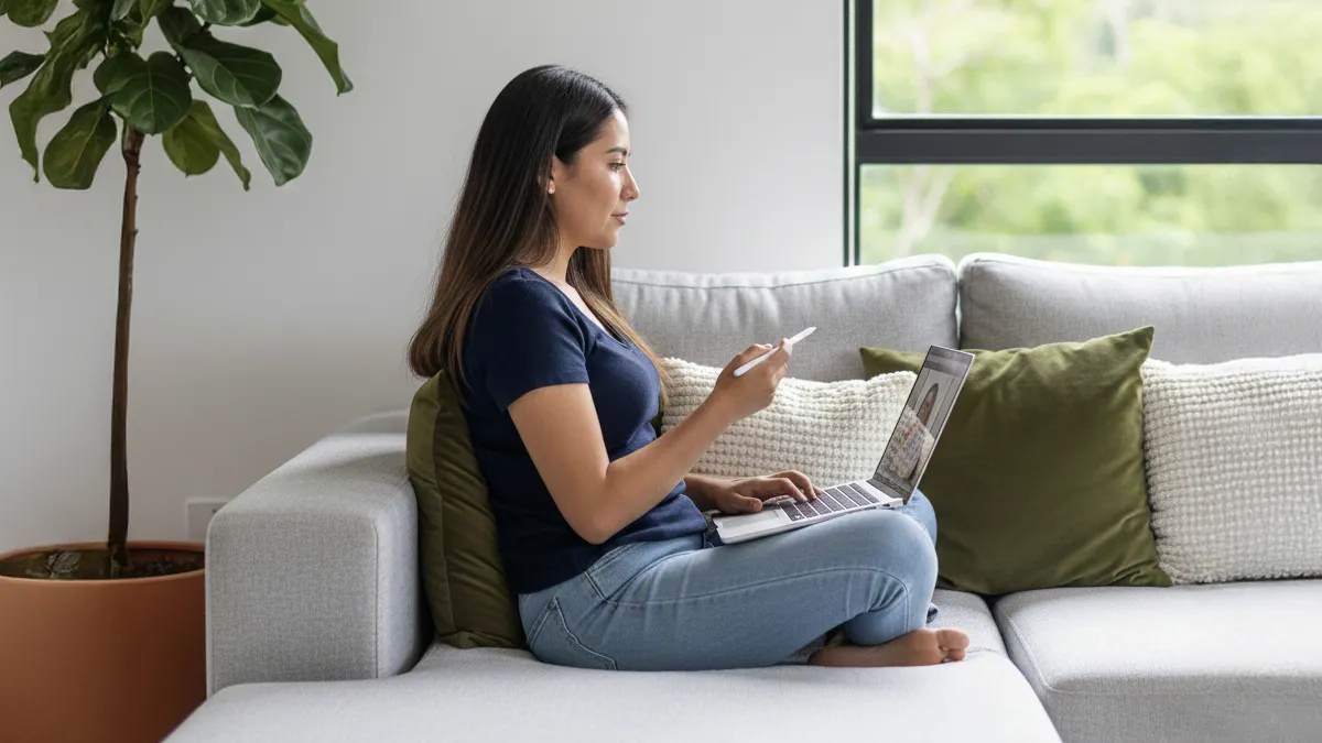 Estudiante participando en una videoclase desde casa con su laptop, representando la experiencia de aprendizaje flexible que ofrecen las universidades virtuales.