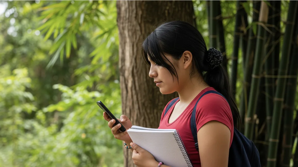 Estudiante peruana en un páramo usando su teléfono, simbolizando la brecha digital en áreas rurales.