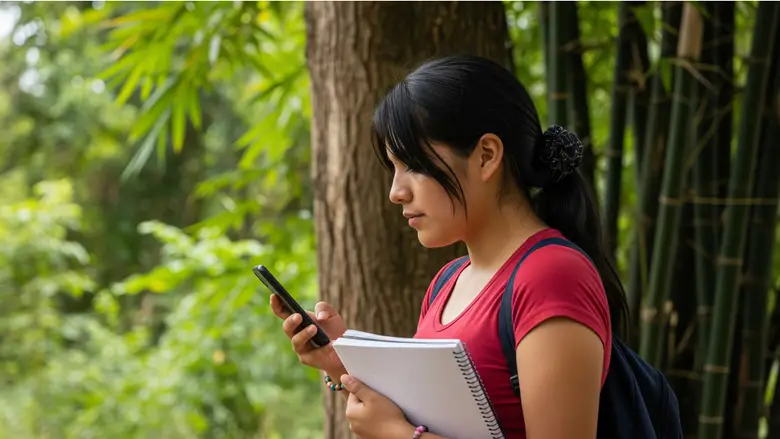 Estudiante peruana en un páramo usando su teléfono, simbolizando la brecha digital en áreas rurales. 