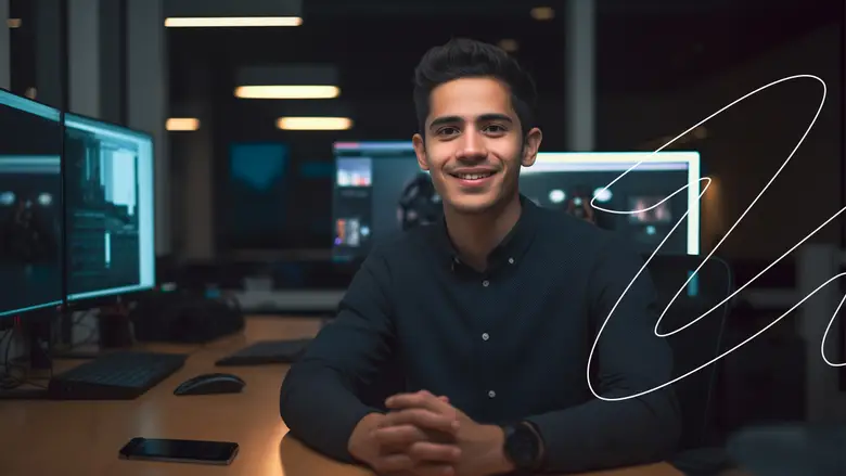 Un estudiante sonriente toma una clase relativa a las Tecnologías de la Información y usa una computadora portátil.