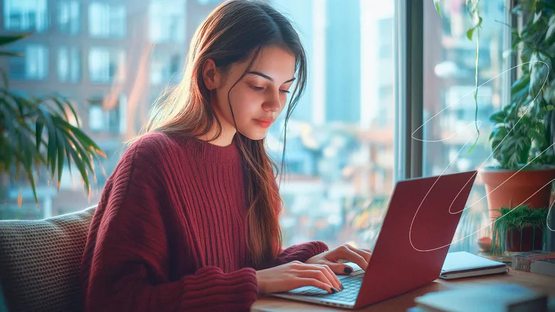 Una joven toma curso de inteligencia artificial en la computadora.