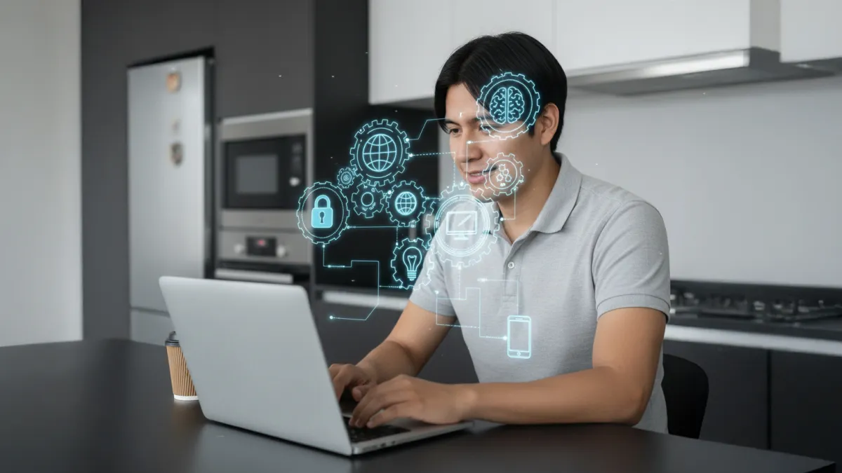 Profesional trabajando en una laptop mientras interactúa con interfaces digitales de inteligencia artificial, representando la automatización de tareas y su aplicación en el entorno laboral.