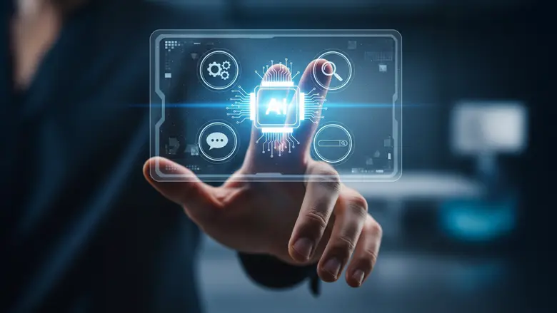 Imagen de una mano tocando una interfaz holográfica con chip “AI” y iconos de automatización, análisis, chat y búsqueda; usos actuales de la IA.