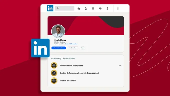 Imagen de un perfil de LinkedIn con insignias.