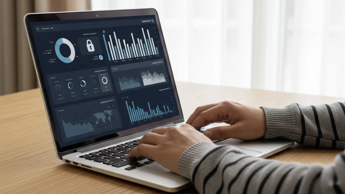 Profesional analizando gráficos y tableros de datos en una laptop, representando la inteligencia de negocios y el impacto de la economía digital en la toma de decisiones empresariales.