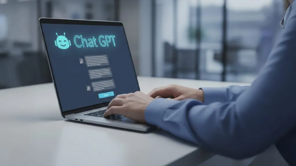 Persona utilizando una computadora portátil mientras escribe un texto e  interactúa con una interfaz de inteligencia artificial tipo chat gpt 