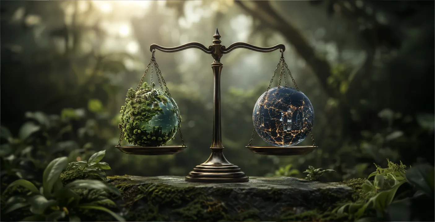Vista aérea de un bosque con el símbolo del Corte de Derecho Ambiental integrado en la vegetación, representando la evaluación del impacto ambiental como herramienta para proteger los ecosistemas y orientar la toma de decisiones sostenibles.