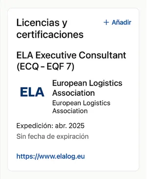Captura de pantalla de un perfil de LinkedIn con la certificación ELA Executive Consultant añadida en la sección de licencias y certificaciones. 