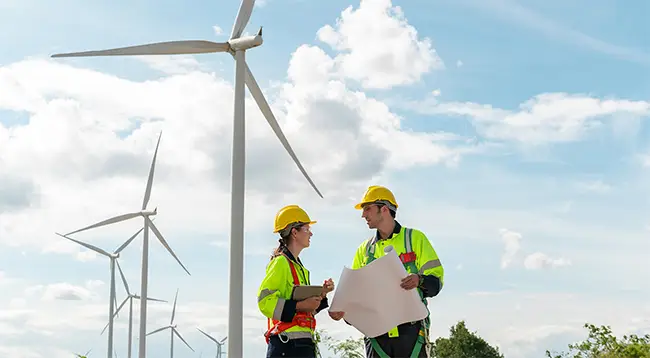Profesional con turbinas eólicas al fondo, representando sostenibilidad y energía renovable.
