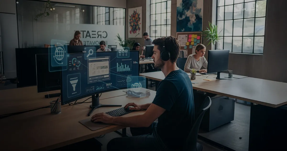  Profesional diseñando estrategias digitales con visión 360 a diferencia de un curso de marketing digital