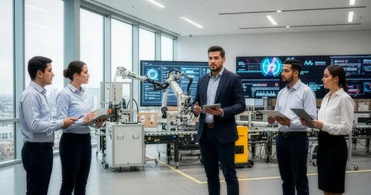 Profesionales analizando sistemas de gestión de calidad con enfoque estratégico y mejora continua en un entorno de manufactura