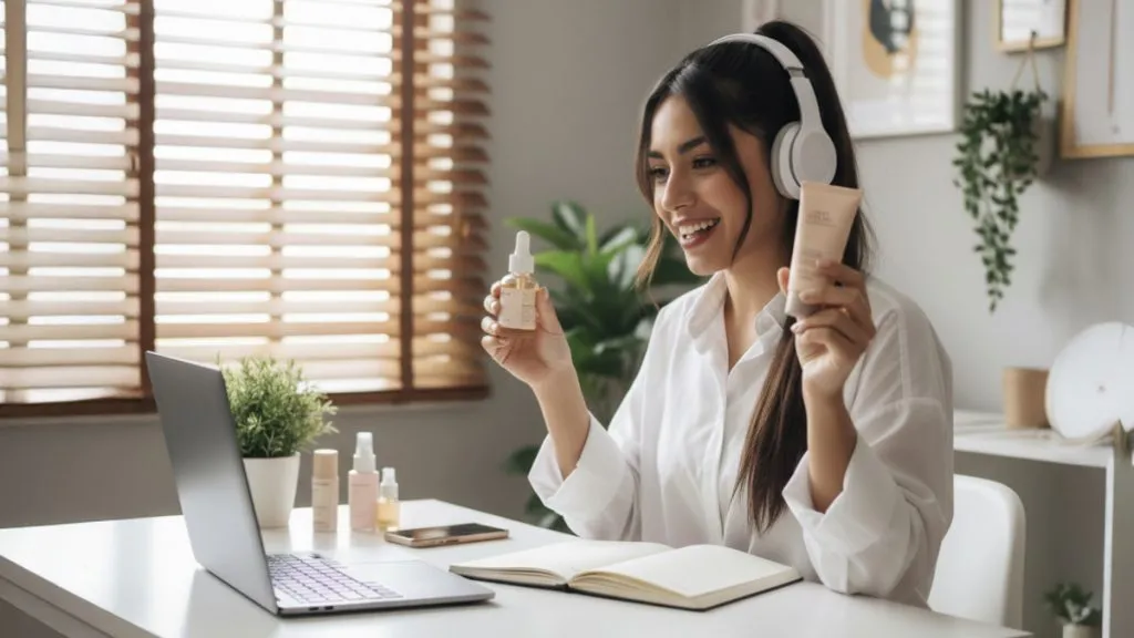Emprendedora aplicando sus habilidades digitales para fortalecer su marca personal, mostrando su identidad y productos desde una laptop en su espacio de trabajo. 