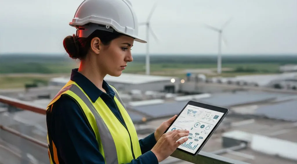 Especialista trabajando en proyectos ambientales mediante análisis de huella de carbono y estrategias de sostenibilidad.