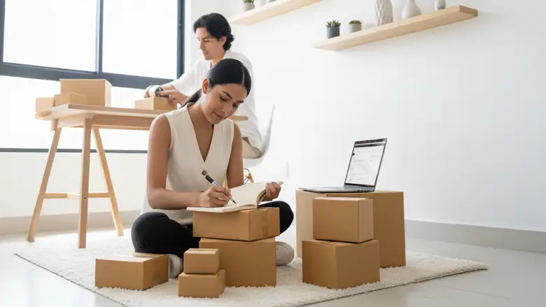 Mujer profesional organizando lista de clientes en libreta y computadora portátil, ejemplo de emprendimiento digital en comercio electrónico 