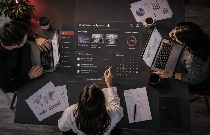 Vista aérea de un equipo trabajando con laptops y gráficos alrededor de una interfaz de plataformas de aprendizaje en línea. 