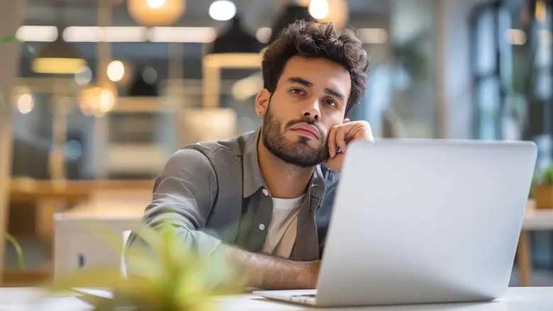 Hombre joven con aire aburrido, sentado ante la computadora, representando un momento de estancamiento laboral. 