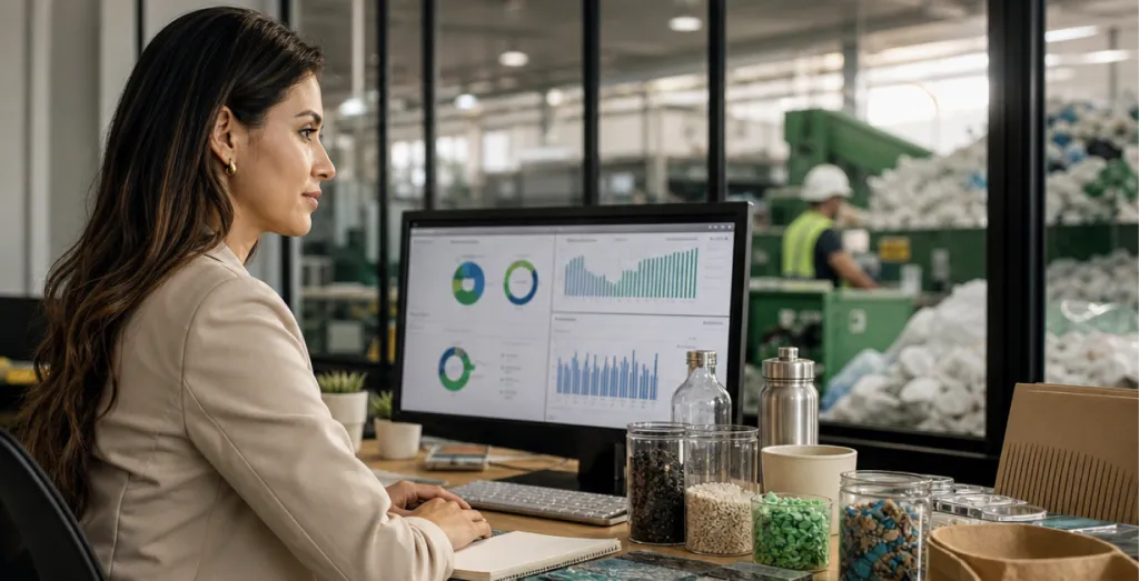 Representación de la economía circular mediante procesos sostenibles, innovación, análisis de datos y toma de decisiones con enfoque empresarial. 